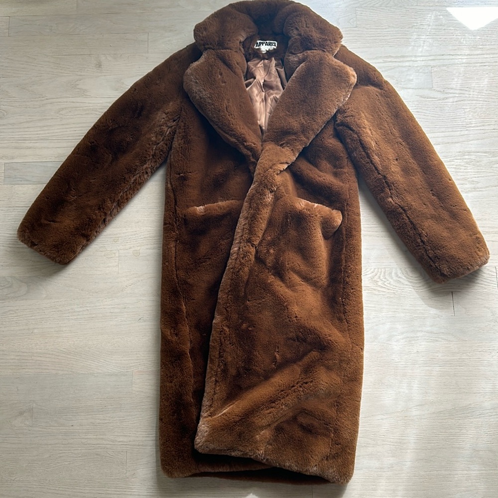Brown faux fur Apparis coat lightly worn size xs
